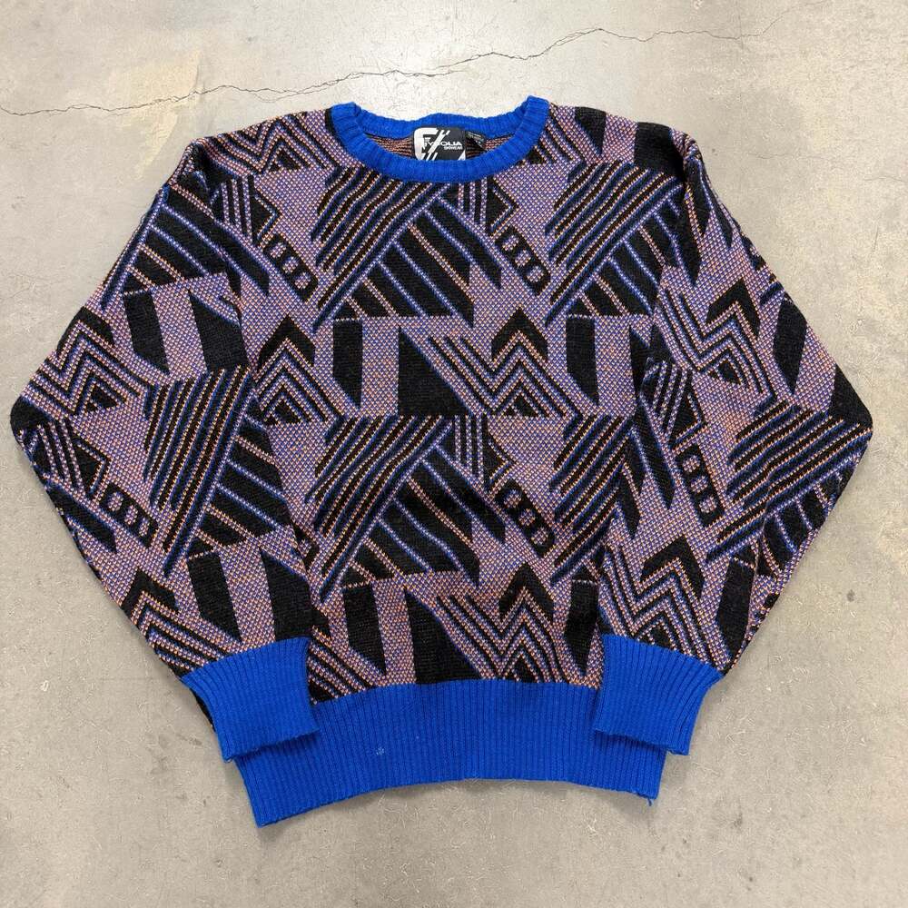 Vintage 80s Tyrolia By Head Geometric Abstract Ski Sweater Blue Black Wool Blend
